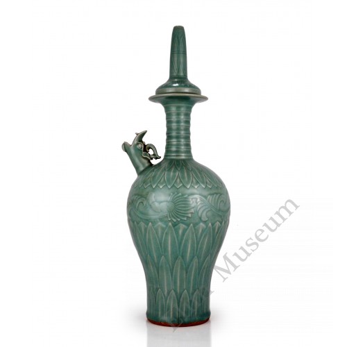 1511 A Long-Quan celadon  carved-lotus long neck water jar